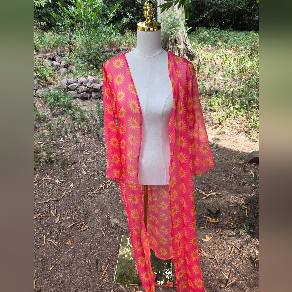 Solkissed Pink With Suns Floral Sheer Kimono Bathing Suit‎ Cover